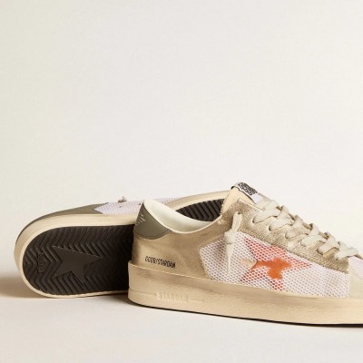 Golden Goose Stardan Sneaker In White Mesh With Orange Star And Platinum Leather Inserts Golden Goose Stardan Sneaker In White Mesh With Orange Star And Platinum Leather Inserts