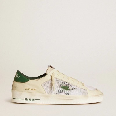 Golden Goose Stardan Sneaker In White Suede And Mesh With Green Leather Star And Heel Tab Golden Goose Stardan Sneaker In White Suede And Mesh With Green Leather Star And Heel Tab
