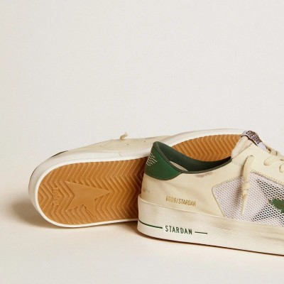 Golden Goose Stardan Sneaker In White Suede And Mesh With Green Leather Star And Heel Tab Golden Goose Stardan Sneaker In White Suede And Mesh With Green Leather Star And Heel Tab