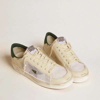 Golden Goose Stardan Sneaker In White Suede And Mesh With Green Leather Star And Heel Tab Golden Goose Stardan Sneaker In White Suede And Mesh With Green Leather Star And Heel Tab