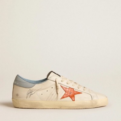 Golden Goose Super-Star Sneaker With Crocodile-Print Star And Silver-Blue Heel Tab Golden Goose Super-Star Sneaker With Crocodile-Print Star And Silver-Blue Heel Tab