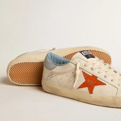 Golden Goose Super-Star Sneaker With Crocodile-Print Star And Silver-Blue Heel Tab Golden Goose Super-Star Sneaker With Crocodile-Print Star And Silver-Blue Heel Tab