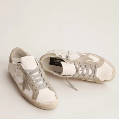 Golden Goose Super-Star Sneaker With Gray Suede Star And Heel Tab Golden Goose Super-Star Sneaker With Gray Suede Star And Heel Tab