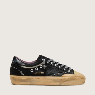 Golden Goose Super-Star Lab Sneaker In Black Laminated Suede And Nylon With Raised Star And Laces With Crystals Golden Goose Super-Star Lab Sneaker In Black Laminated Suede And Nylon With Raised Star And Laces With Crystals