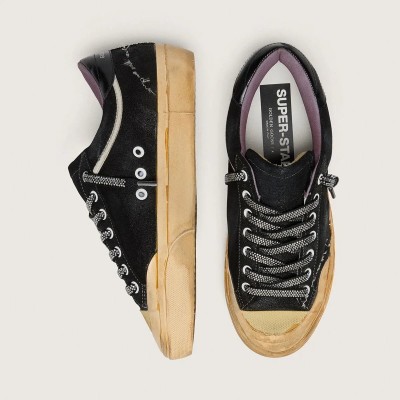 Golden Goose Super-Star Lab Sneaker In Black Laminated Suede And Nylon With Raised Star And Laces With Crystals Golden Goose Super-Star Lab Sneaker In Black Laminated Suede And Nylon With Raised Star And Laces With Crystals