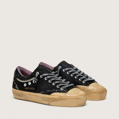 Golden Goose Super-Star Lab Sneaker In Black Laminated Suede And Nylon With Raised Star And Laces With Crystals Golden Goose Super-Star Lab Sneaker In Black Laminated Suede And Nylon With Raised Star And Laces With Crystals