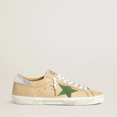 Golden Goose Super-Star Ltd Sneaker In Beige Leather With Green Suede Star And Silver Foiled Leather Heel Tab Golden Goose Super-Star Ltd Sneaker In Beige Leather With Green Suede Star And Silver Foiled Leather Heel Tab