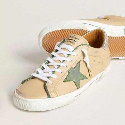 Golden Goose Super-Star Ltd Sneaker In Beige Leather With Green Suede Star And Silver Foiled Leather Heel Tab Golden Goose Super-Star Ltd Sneaker In Beige Leather With Green Suede Star And Silver Foiled Leather Heel Tab