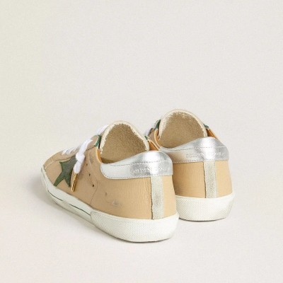 Golden Goose Super-Star Ltd Sneaker In Beige Leather With Green Suede Star And Silver Foiled Leather Heel Tab Golden Goose Super-Star Ltd Sneaker In Beige Leather With Green Suede Star And Silver Foiled Leather Heel Tab