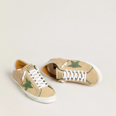 Golden Goose Super-Star Ltd Sneaker In Beige Leather With Green Suede Star And Silver Foiled Leather Heel Tab