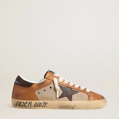 Golden Goose Super-Star Ltd Sneaker In Beige Wool With Brown Leather Star And Camel Inserts Golden Goose Super-Star Ltd Sneaker In Beige Wool With Brown Leather Star And Camel Inserts