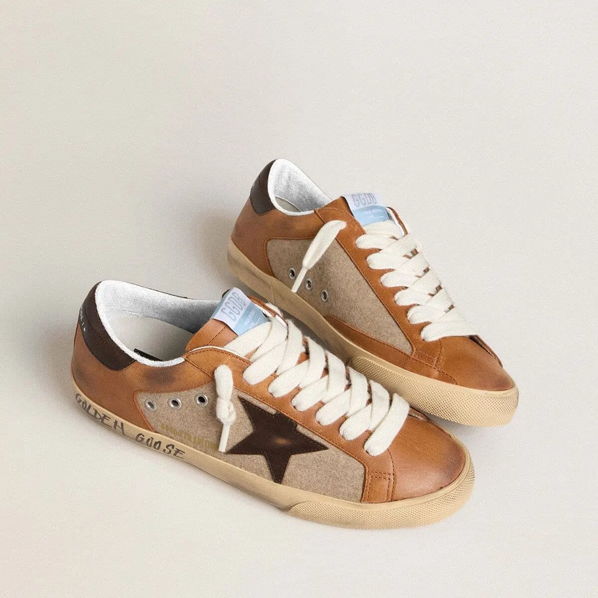 Golden Goose Super-Star Ltd Sneaker In Beige Wool With Brown Leather Star And Camel Inserts Golden Goose Super-Star Ltd Sneaker In Beige Wool With Brown Leather Star And Camel Inserts