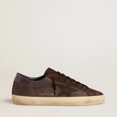 Golden Goose Super-Star Ltd Sneaker In Brown Nubuck With Suede Star And Purple Leather Heel Tab Golden Goose Super-Star Ltd Sneaker In Brown Nubuck With Suede Star And Purple Leather Heel Tab