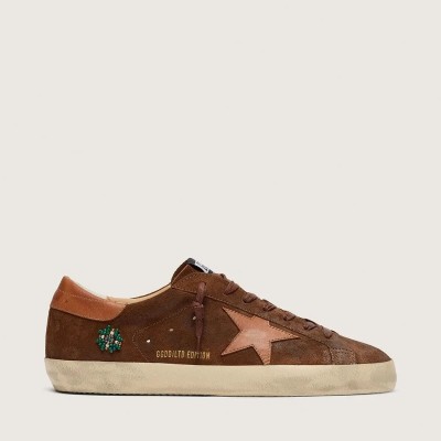 Golden Goose Super-Star Ltd Sneaker In Brown Suede With Brick-Red Leather Star And Embroidery With Green Beads Golden Goose Super-Star Ltd Sneaker In Brown Suede With Brick-Red Leather Star And Embroidery With Green Beads