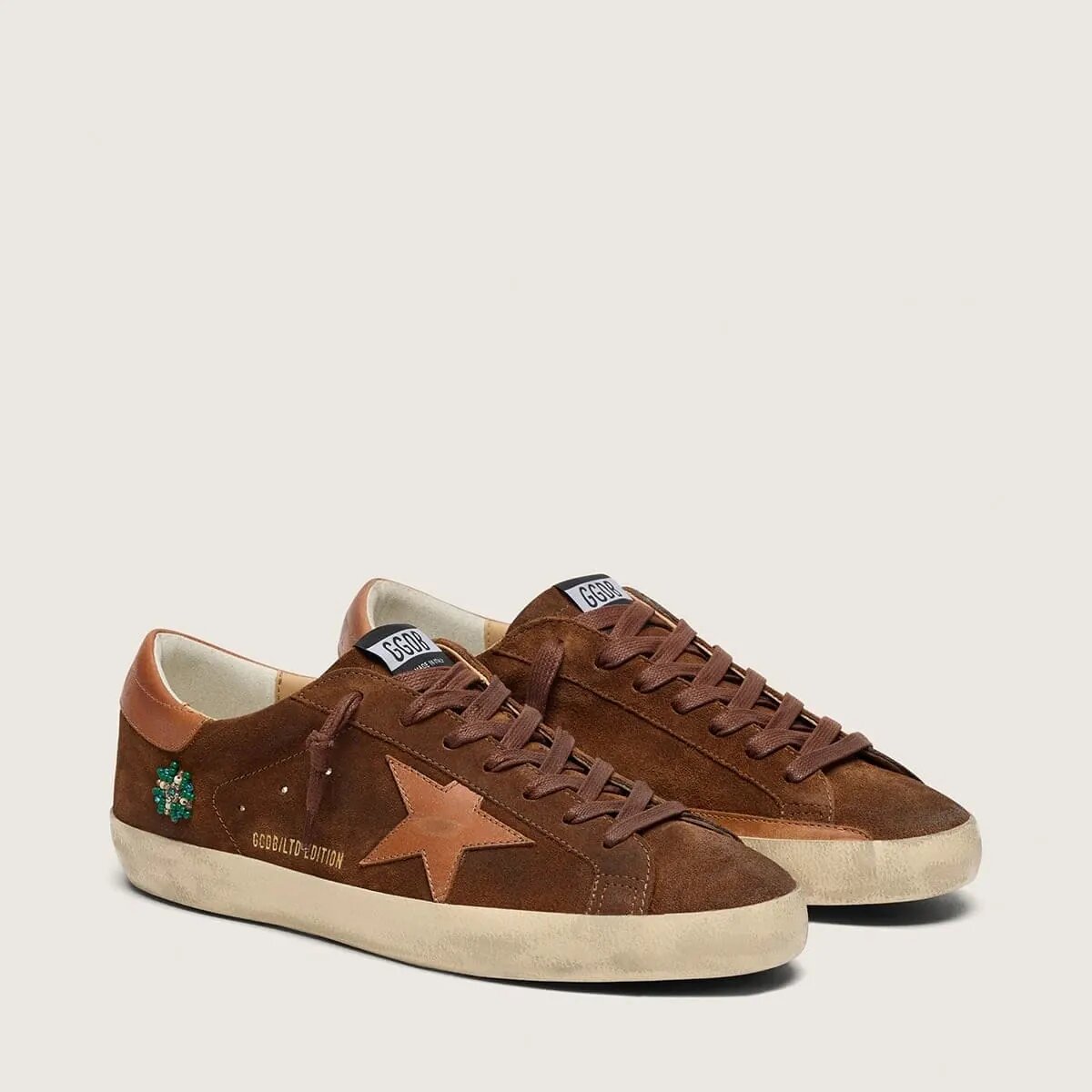 Golden Goose Super-Star Ltd Sneaker In Brown Suede With Brick-Red Leather Star And Embroidery With Green Beads Golden Goose Super-Star Ltd Sneaker In Brown Suede With Brick-Red Leather Star And Embroidery With Green Beads