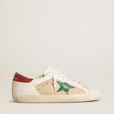 Golden Goose Super-Star Ltd Sneaker In Suede With Green Metallic Star And Red Heel Tab Golden Goose Super-Star Ltd Sneaker In Suede With Green Metallic Star And Red Heel Tab