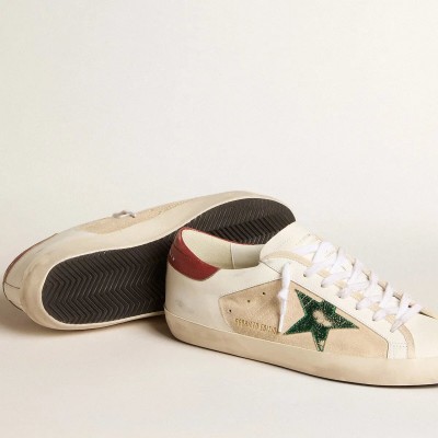 Golden Goose Super-Star Ltd Sneaker In Suede With Green Metallic Star And Red Heel Tab Golden Goose Super-Star Ltd Sneaker In Suede With Green Metallic Star And Red Heel Tab