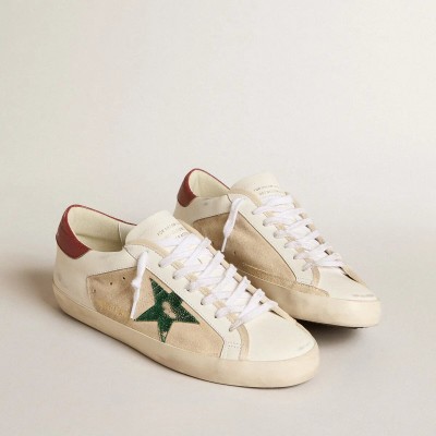 Golden Goose Super-Star Ltd Sneaker In Suede With Green Metallic Star And Red Heel Tab
