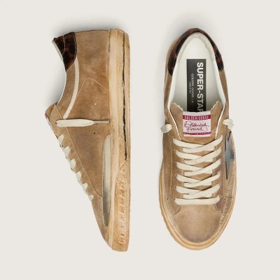 Golden Goose Super-Star Ltd Sneaker In Tobacco Suede With Black Star And Animal-Print Heel Golden Goose Super-Star Ltd Sneaker In Tobacco Suede With Black Star And Animal-Print Heel