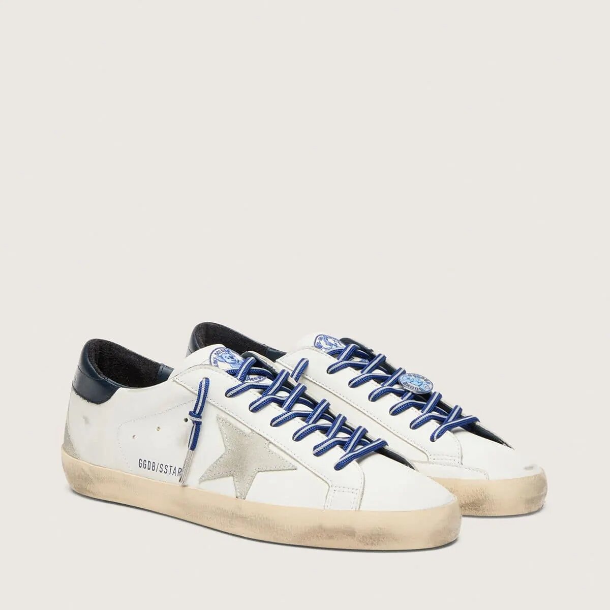 Golden Goose Super-Star Ltd Sneaker In White Leather With Suede Star And Blue Leather Heel Tab Golden Goose Super-Star Ltd Sneaker In White Leather With Suede Star And Blue Leather Heel Tab