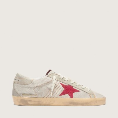 Golden Goose Super-Star Ltd Sneaker In White Pony Skin With Red Suede Star Golden Goose Super-Star Ltd Sneaker In White Pony Skin With Red Suede Star