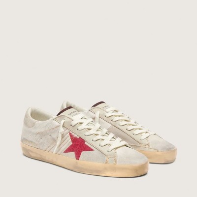 Golden Goose Super-Star Ltd Sneaker In White Pony Skin With Red Suede Star