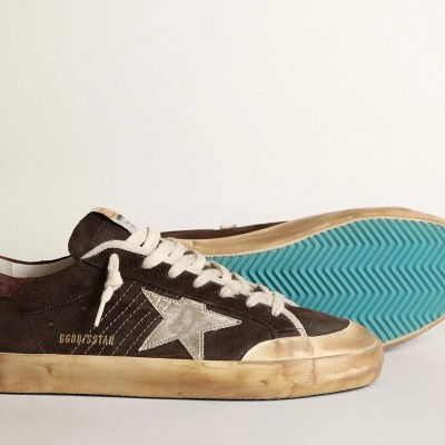 Golden Goose Super-Star Penstar Sneaker In Brown Suede With A Platinum Star