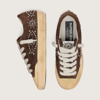 Golden Goose Super-Star Penstar Sneaker In Brown Suede With Studs