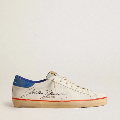 Golden Goose Super-Star Sneaker With Perforated Star And Blue Suede Heel Tab Golden Goose Super-Star Sneaker With Perforated Star And Blue Suede Heel Tab