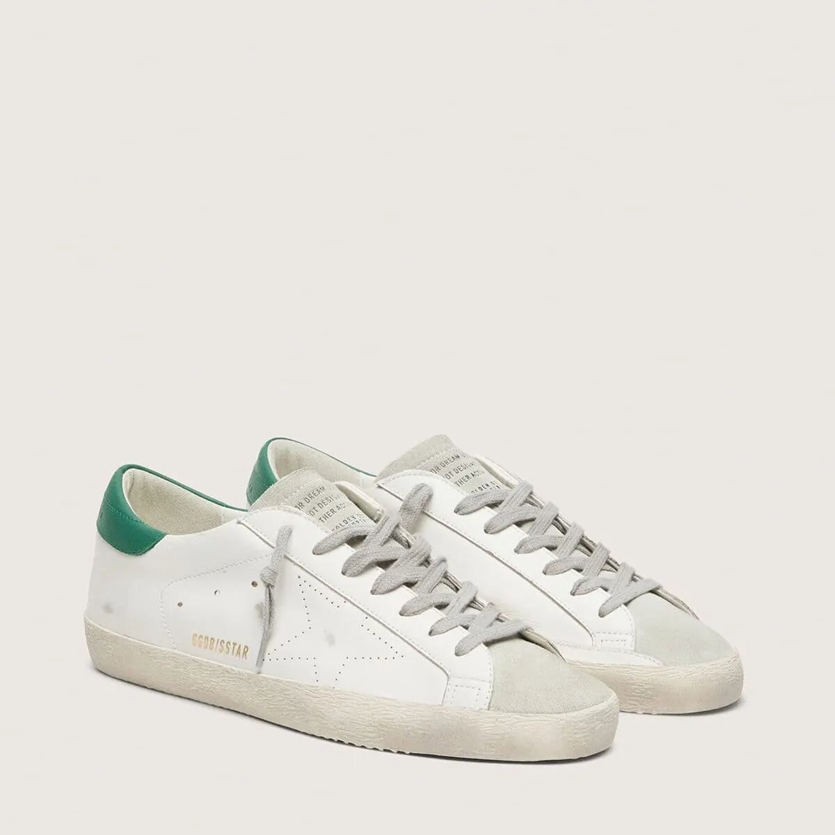 Golden Goose Super-Star Sneaker With Perforated Star And Green Heel Tab Golden Goose Super-Star Sneaker With Perforated Star And Green Heel Tab