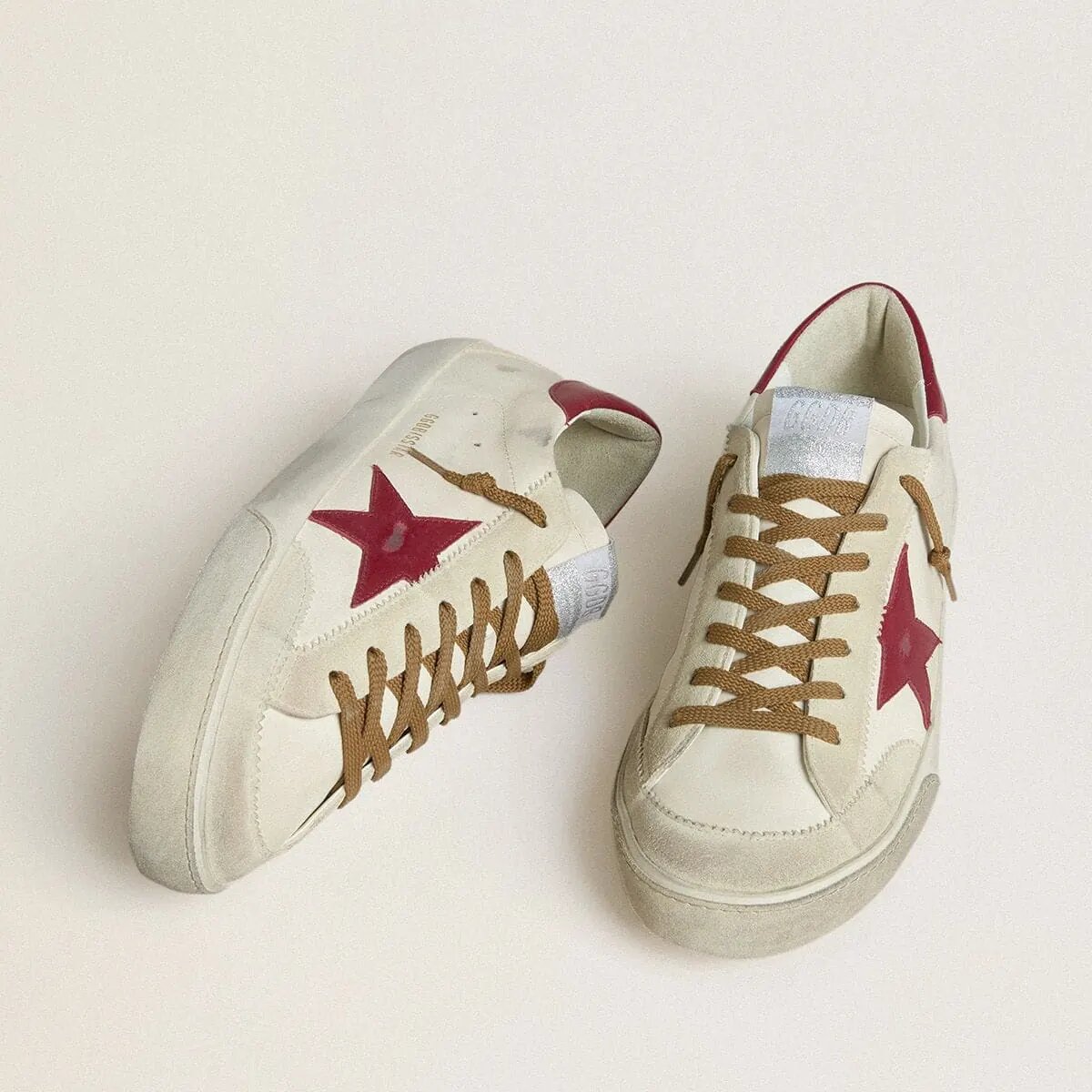 Golden Goose Super-Star Sneaker With Red Leather Star And Beige Suede Inserts Golden Goose Super-Star Sneaker With Red Leather Star And Beige Suede Inserts