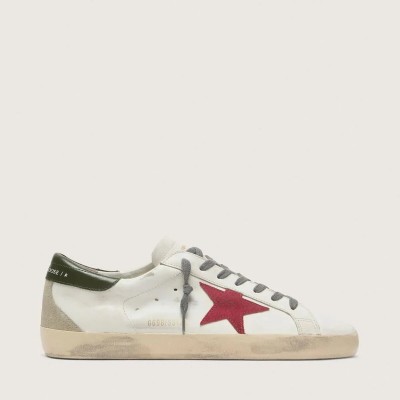 Golden Goose Super-Star Sneaker With Red Suede Star And Green Leather Heel Tab Golden Goose Super-Star Sneaker With Red Suede Star And Green Leather Heel Tab