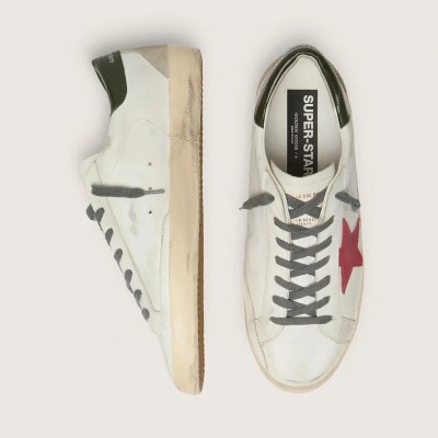 Golden Goose Super-Star Sneaker With Red Suede Star And Green Leather Heel Tab Golden Goose Super-Star Sneaker With Red Suede Star And Green Leather Heel Tab