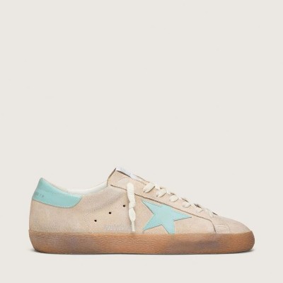 Golden Goose Super-Star Sneaker In Beige Suede With Aqua-Green Star Golden Goose Super-Star Sneaker In Beige Suede With Aqua-Green Star