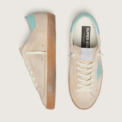 Golden Goose Super-Star Sneaker In Beige Suede With Aqua-Green Star Golden Goose Super-Star Sneaker In Beige Suede With Aqua-Green Star