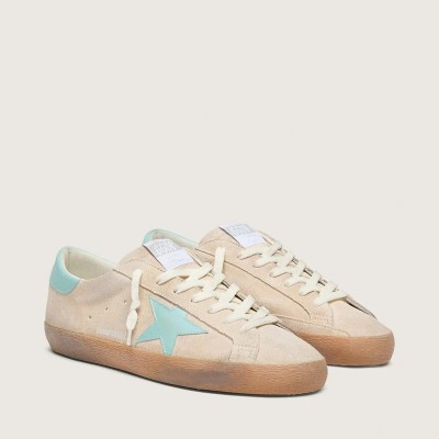 Golden Goose Super-Star Sneaker In Beige Suede With Aqua-Green Star Golden Goose Super-Star Sneaker In Beige Suede With Aqua-Green Star