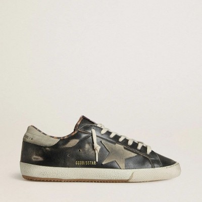Golden Goose Super-Star Sneaker In Black Leather With Gray Suede Star And Heel Tab Golden Goose Super-Star Sneaker In Black Leather With Gray Suede Star And Heel Tab