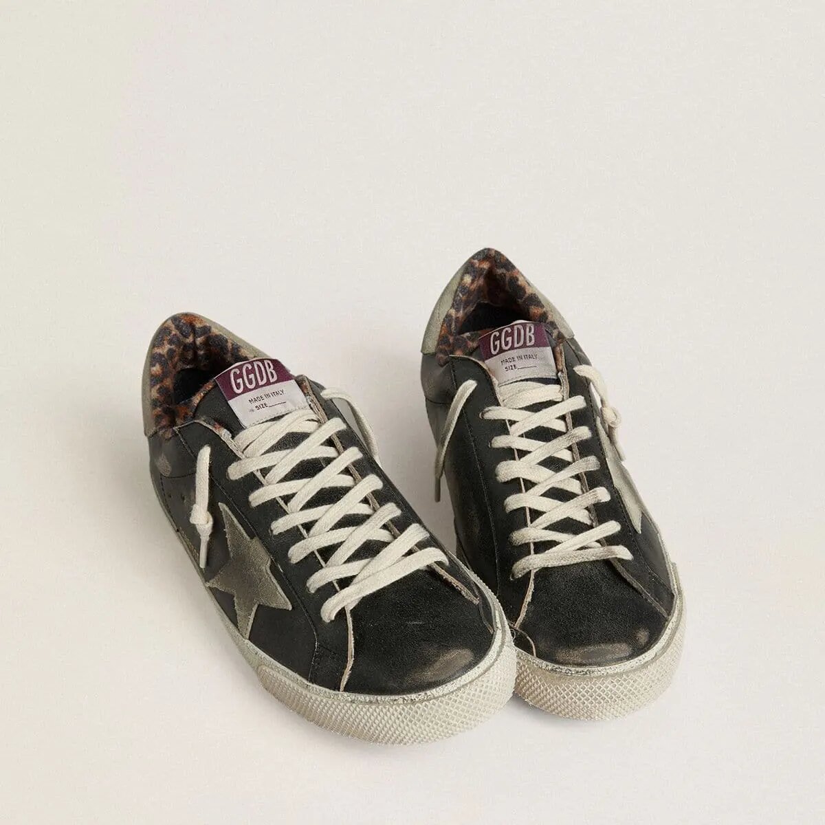 Golden Goose Super-Star Sneaker In Black Leather With Gray Suede Star And Heel Tab Golden Goose Super-Star Sneaker In Black Leather With Gray Suede Star And Heel Tab