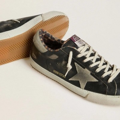 Golden Goose Super-Star Sneaker In Black Leather With Gray Suede Star And Heel Tab Golden Goose Super-Star Sneaker In Black Leather With Gray Suede Star And Heel Tab