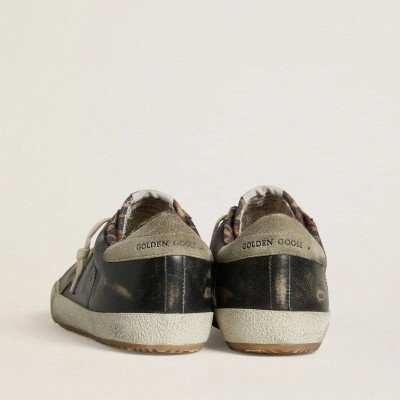 Golden Goose Super-Star Sneaker In Black Leather With Gray Suede Star And Heel Tab Golden Goose Super-Star Sneaker In Black Leather With Gray Suede Star And Heel Tab