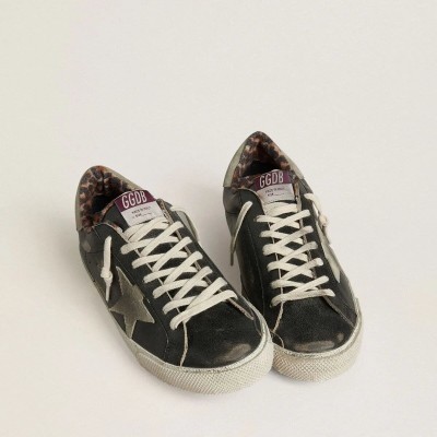 Golden Goose Super-Star Sneaker In Black Leather With Gray Suede Star And Heel Tab Golden Goose Super-Star Sneaker In Black Leather With Gray Suede Star And Heel Tab