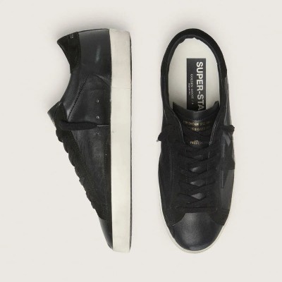 Golden Goose Super-Star Sneaker In Black Nappa With Black Suede Star And Heel Tab Golden Goose Super-Star Sneaker In Black Nappa With Black Suede Star And Heel Tab