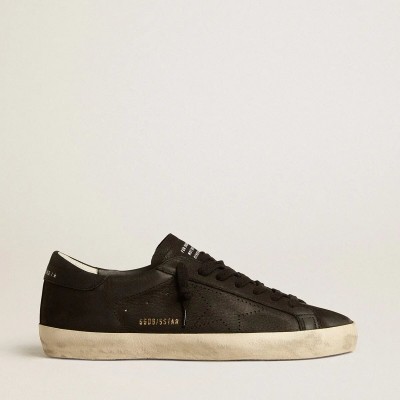 Golden Goose Super-Star Sneaker In Black Nubuck With Perforated Star And Black Nubuck Heel Tab Golden Goose Super-Star Sneaker In Black Nubuck With Perforated Star And Black Nubuck Heel Tab