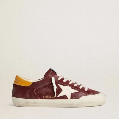 Golden Goose Super-Star Sneaker In Brick-Red Suede With White Leather Star And Animal-Print Heel Tab Golden Goose Super-Star Sneaker In Brick-Red Suede With White Leather Star And Animal-Print Heel Tab