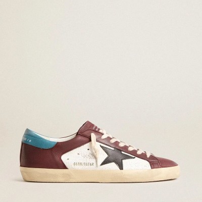 Golden Goose Super-Star Sneaker In Crackle Leather With Brown Star And Teal Heel Tab Golden Goose Super-Star Sneaker In Crackle Leather With Brown Star And Teal Heel Tab