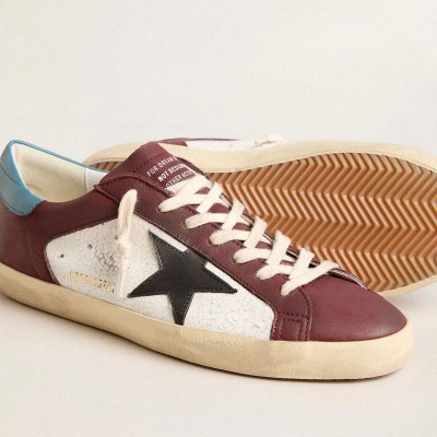 Golden Goose Super-Star Sneaker In Crackle Leather With Brown Star And Teal Heel Tab Golden Goose Super-Star Sneaker In Crackle Leather With Brown Star And Teal Heel Tab