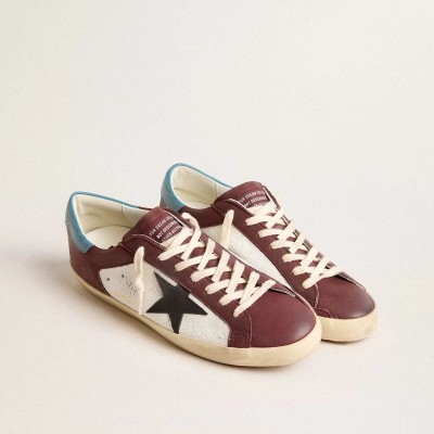 Golden Goose Super-Star Sneaker In Crackle Leather With Brown Star And Teal Heel Tab Golden Goose Super-Star Sneaker In Crackle Leather With Brown Star And Teal Heel Tab