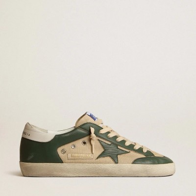Golden Goose Super-Star Sneaker In Cream Mesh And Green Nappa With Nappa Star Golden Goose Super-Star Sneaker In Cream Mesh And Green Nappa With Nappa Star