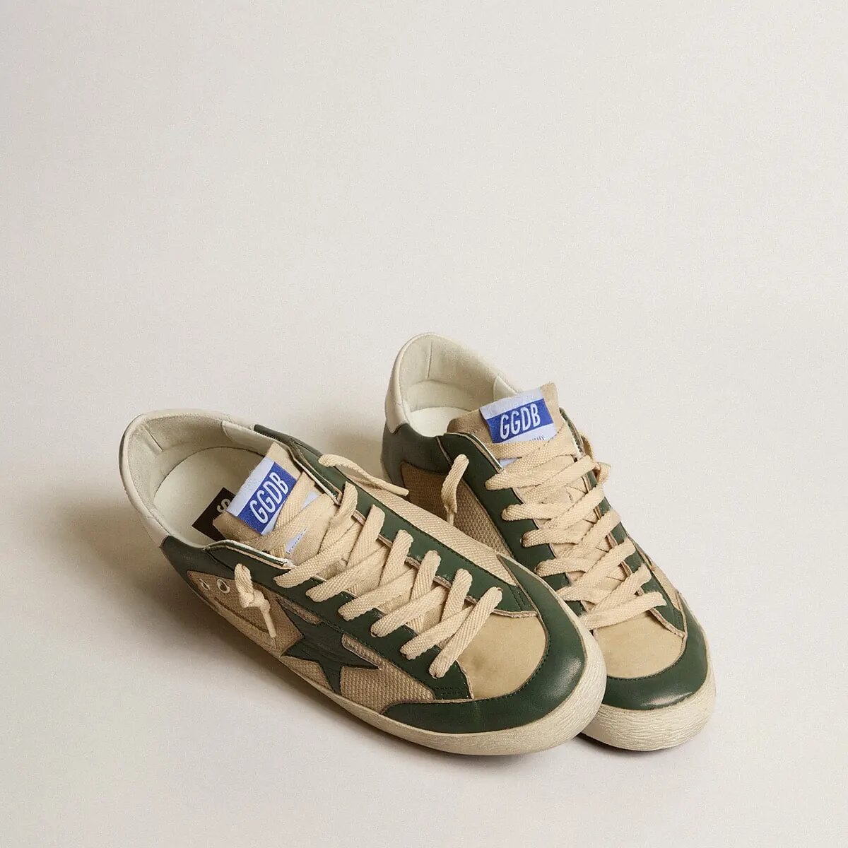 Golden Goose Super-Star Sneaker In Cream Mesh And Green Nappa With Nappa Star Golden Goose Super-Star Sneaker In Cream Mesh And Green Nappa With Nappa Star
