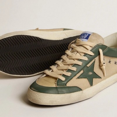 Golden Goose Super-Star Sneaker In Cream Mesh And Green Nappa With Nappa Star Golden Goose Super-Star Sneaker In Cream Mesh And Green Nappa With Nappa Star